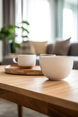 Naklejka na ściany i meble A white coffee cup on a wooden table top with living room background provides copy space for home concept. (Generative AI)