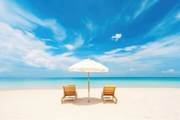 Obraz premium The stunning beach banner features a wide panorama of white sand, chairs and an umbrella, portraying an amazing beach landscape for travel and tourism. (Generative AI)