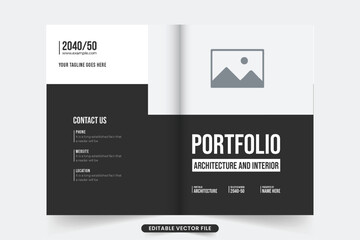 Creative architecture portfolio cover design with black and white colors. Modern architecture business promotion brochure cover template. Real estate magazine cover vector with photo placeholders.