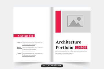 Modern architecture profile cover template with red and dark colors. Creative real estate business promotional brochure cover with photo placeholders. Architecture service magazine cover design.