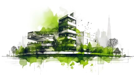 Sketch of green architecture, illustrating a sustainable development project. Future forward approach to construction, where harmony with nature and resource efficiency are prioritized. Generative AI