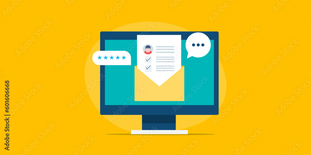 Poster customer sharing feedback with email message. survey tick on document paper envelope. user rating re