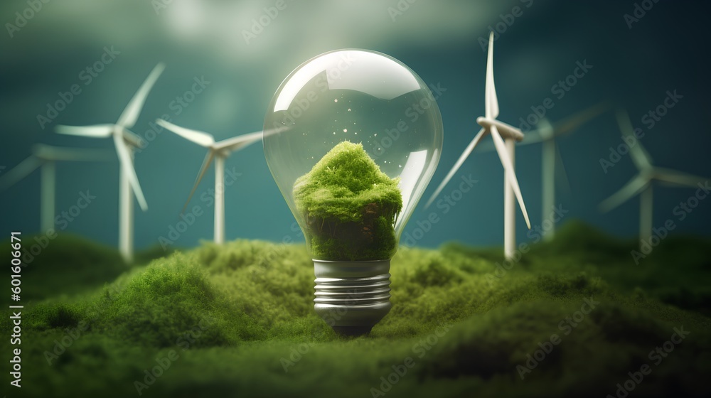 Wall mural illustrative green energy concept featuring glowing light bulb filled with verdant vegetation, wind 