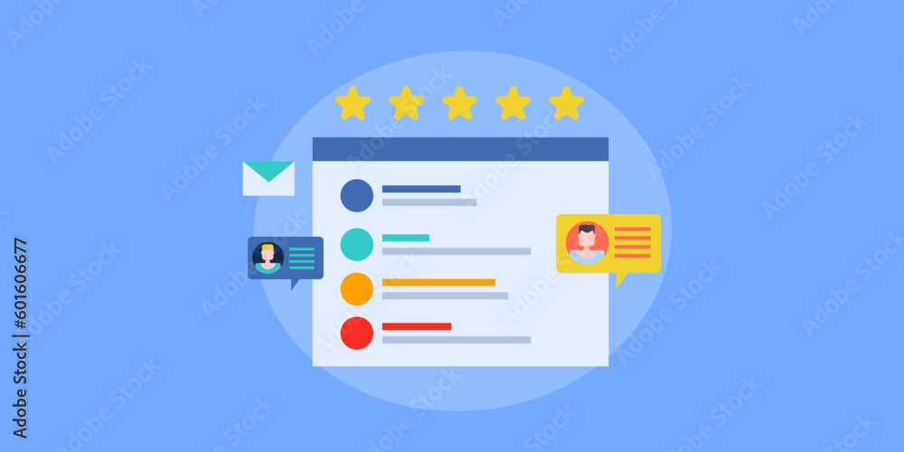 Poster customer feedback sharing experience on internet with user rating survey business communication, vec