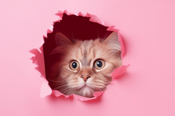 Fluffy cat peeking out of a hole in pink torn paper close-up, created with Generative AI technology.