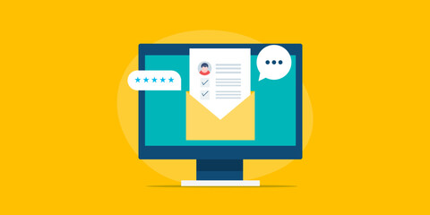 Customer sharing feedback with email message. Survey tick on document paper envelope. User rating review via electronic mail vector illustration.