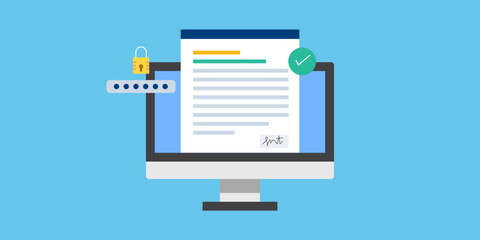 Digital contract with signature password login protection, online secure data document storage vector illustration.