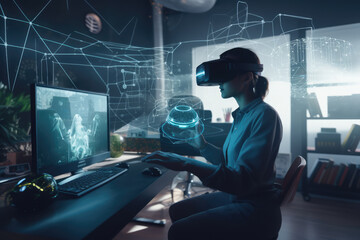 Fototapeta na wymiar Office worker woman in vr helmet. Female using Virtual reality display in office tasks generative ai.