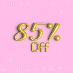 85% off, 3D shiny gold text 85 percent off isolated on pink background, 3D mega sale 85% offer, Sale offer price sign, Special offer symbol. Discount promotion. Discount, Editable vector illustration
