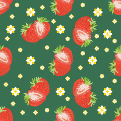 Seamless pattern with strawberrys. Ripe strawberry and flowers on green background. Kids friendly pattern design. Use for fabric, packaging, card, brochure, banner ets.