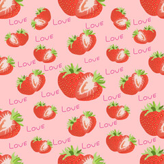 Red strawberries with love pink background seamless pattern colorful strawberry, pink wallpaper .