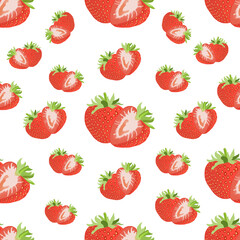 Seamless  pattern with strawberries on white background. Trendy summertime print with berries, leaves and flowers in hand drawn style. Summer food illustration