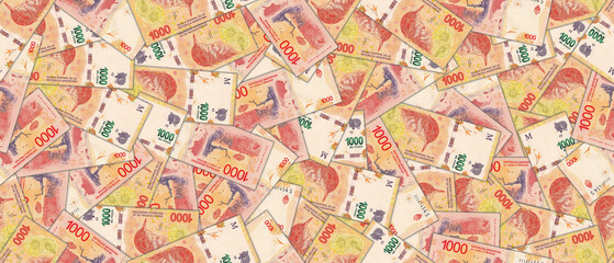 Fototapeta na wymiar Seamless pattern. Financial illustration. Banknotes of 1000 Argentine pesos. Randomly scattered bills.