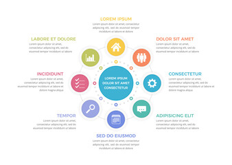 Circle diagram template with eight steps or options, process infographics