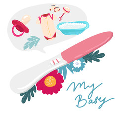 HCG Pregnancy test with negative result, one strip or stick meaning not pregnant woman. Feminine item. Flat vector illustration isolated on white background