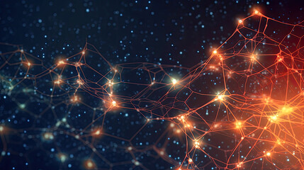 Obraz premium Interconnected nodes representing neurons in an artificial neural network, background with empty space for text, generative AI