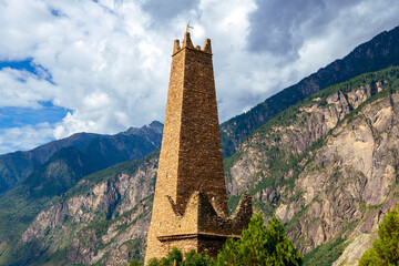 Jiaju Tibetan Village, Beauty Valley and watchtower in close up. Traditional residence in Jiaju...