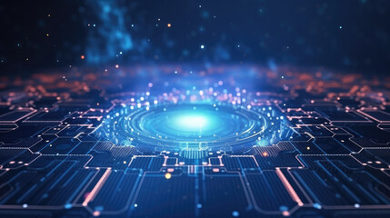 Merging of AI and quantum computing for powerful data processing, background with empty space for text, generative AI