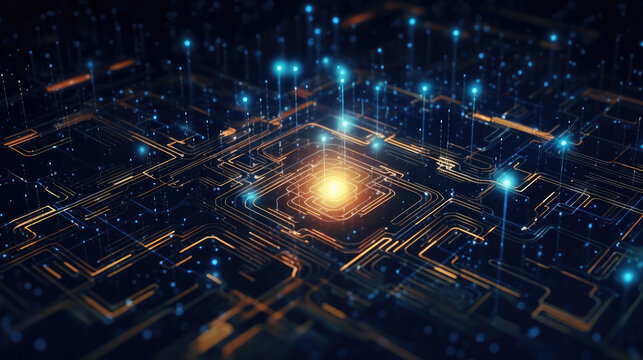 Merging of AI and quantum computing for powerful data processing, background with empty space for text, generative AI