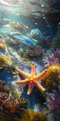 Fototapeta na wymiar starfish on the rocks in the water of a vibrant thriving coral reef 