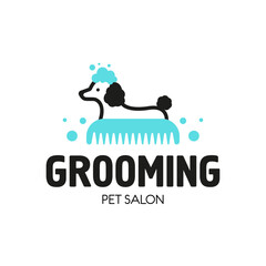 Logo for the grooming of a hairdresser and a pet care salon for dogs and cats, a bathing dog in foam and a comb. Flat design style. Vector illustration.