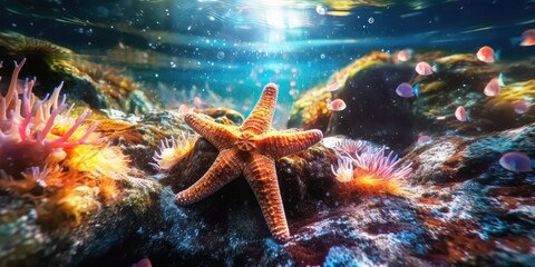 starfish on the rocks in the water of a vibrant thriving coral reef 