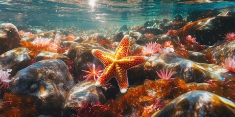starfish on the rocks in the water of a vibrant thriving coral reef  - obrazy, fototapety, plakaty