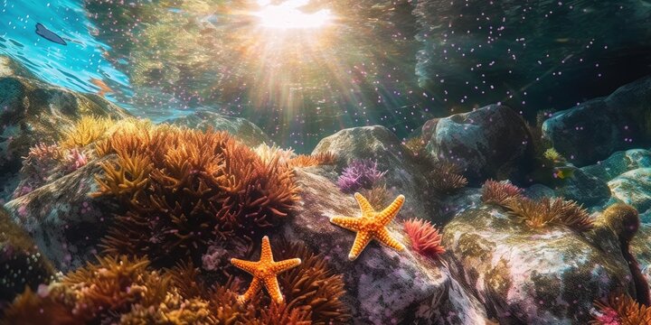 starfish on the rocks in the water of a vibrant thriving coral reef 