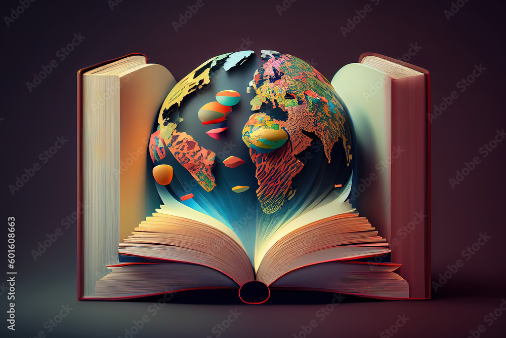 Poster 3d rendering of clay globe with book against orange background. generative ai
