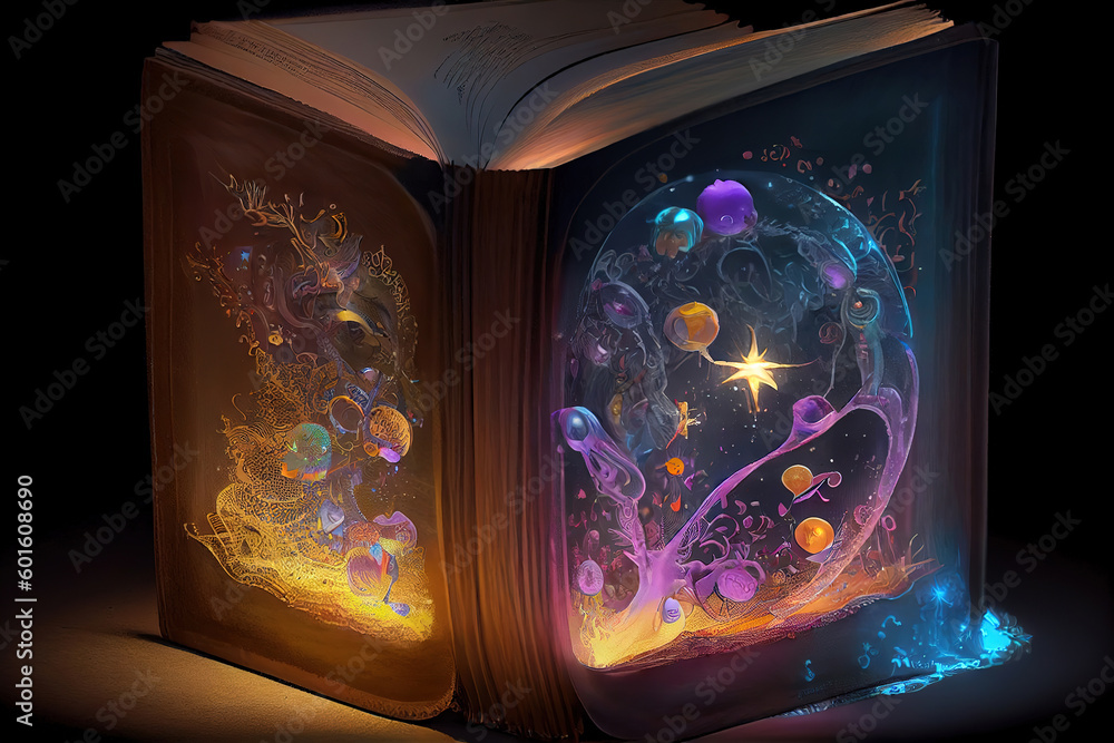 Poster magic book with open pages and abstract lights. generative ai
