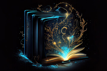 Bewitched Book With Magic Glows In The Darknes. Generative Ai