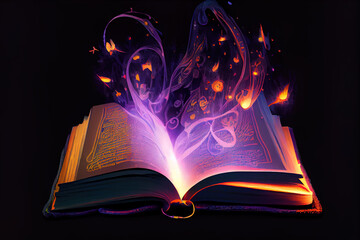 Part of an open magic book, bewitched book glows in the darkness. Generative Ai