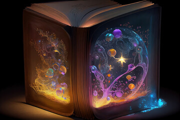 Magic Book With Open Pages And Abstract Lights. Generative Ai