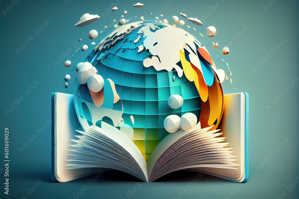 Poster 3d rendering of clay globe with book against orange background. generative ai