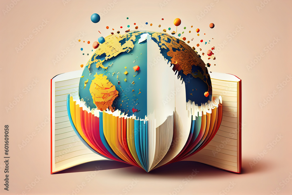 Poster 3d rendering of clay globe with book against orange background. generative ai