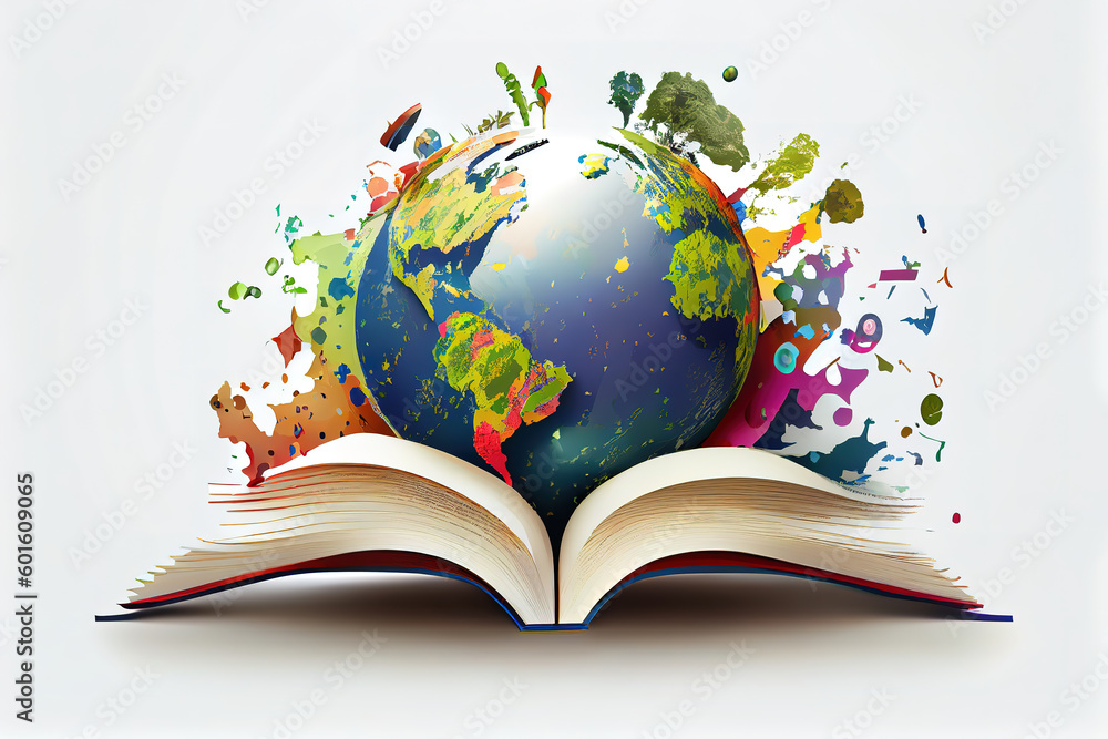 Poster backlit images of open books on the table globe as background selective focus and shallow depth of f