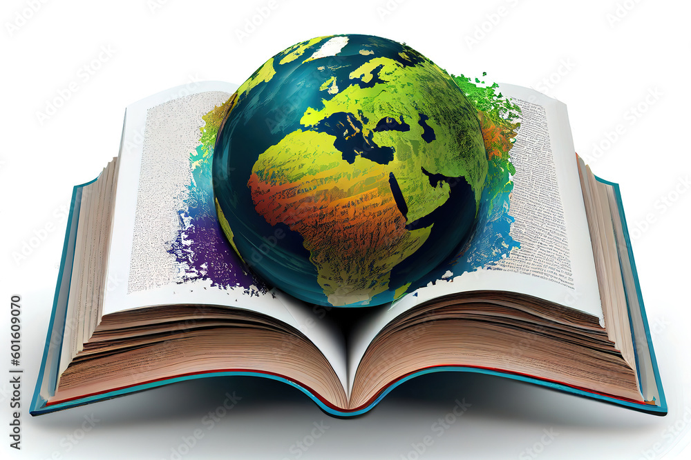Poster backlit images of open books on the table globe as background selective focus and shallow depth of f