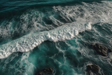 Fototapeta na wymiar Aerial view of waves crashing against the rocks in the ocean.