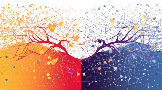 Two neural networks competing to generate and evaluate new data, background with empty space for text, generative AI