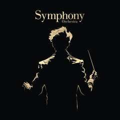 Silhouette of music conductor.  Maestro. Modern symphony orchestra Poster template. Vector Illustration. © IKANIMO