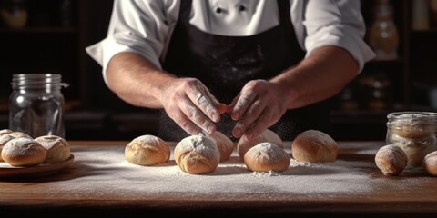Pastry chef man hands work preparing sweet brioches on table with flour