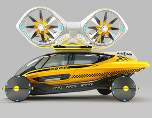 Naklejka premium 3D rendering of an e-taxi self-propelled Quadcopter drone with two passengers.