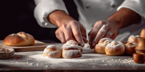 Obraz na płótnie Canvas Pastry chef man hands work preparing sweet brioches on table with flour 