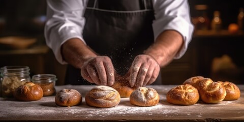 Obraz na płótnie Canvas Pastry chef man hands work preparing sweet brioches on table with flour 