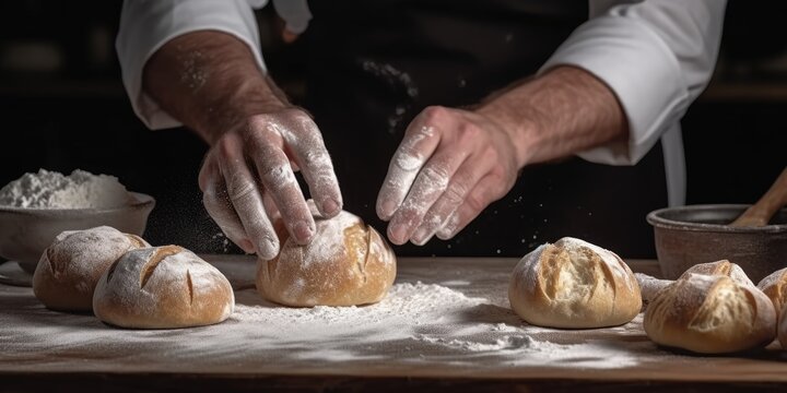 Pastry chef man hands work preparing sweet brioches on table with flour