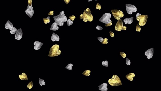 Gold and Silver hearts falling animation with Alpha Channel. Motion graphic video animation for for Valentine's Day, Mothers Day, wedding anniversary, greeting cards invitation and birthday background