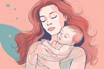 Mother and Child Bond. happy mothers day celebration .illustration. line drawing. Generative AI
