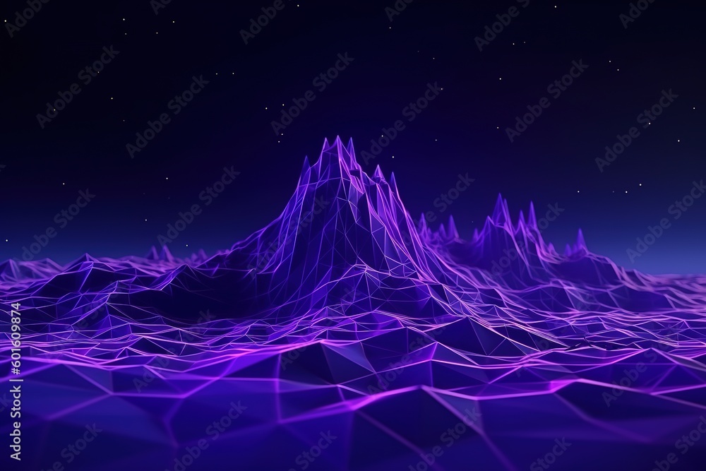Poster 3d rendering, abstract virtual reality violet background, cyber space landscape with unreal mountain