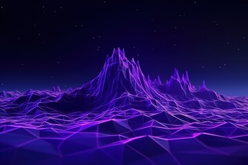 3d rendering, abstract virtual reality violet background, cyber space landscape with unreal mountains. Neon wireframe terrain