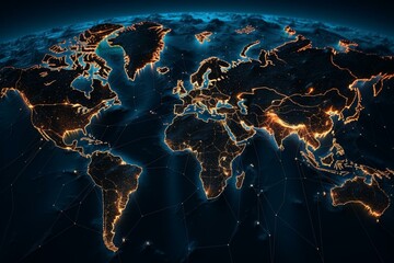 Streams of data on world map. Generative AI